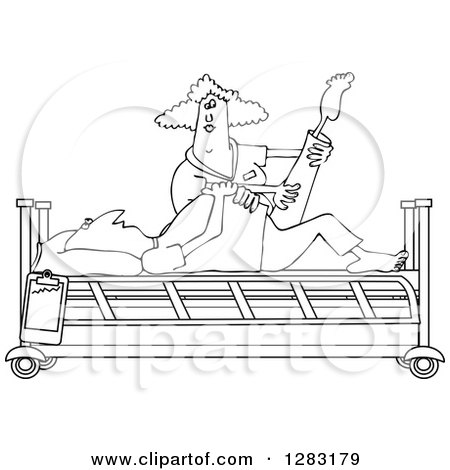Clipart of a Black and White Female Nurse Helping a Male Patient Stretch for Physical Therapy Recovery in a Hospital Bed - Royalty Free Vector Illustration by djart