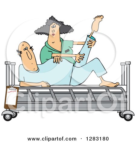 Clipart of a White Female Nurse Helping a Caucasian Male Patient Stretch for Physical Therapy Recovery in a Hospital Bed - Royalty Free Vector Illustration by djart