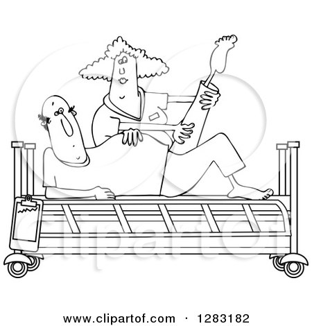 Clipart of a Black and White Female Nurse Helping a Male Patient Do Physical Therapy Recovery Stretches in a Hospital Bed - Royalty Free Vector Illustration by djart