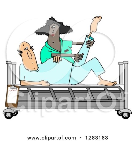 Clipart of a Black Female Nurse Helping a White Male Patient Stretch for Physical Therapy Recovery in a Hospital Bed - Royalty Free Illustration by djart