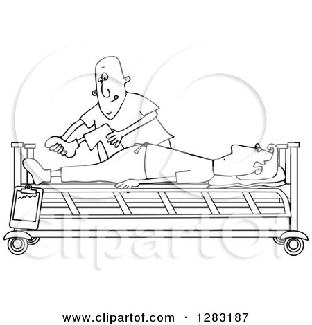 Clipart of a Black and White White Male Nurse Helping a Guy Patient Stretch for Physical Therapy Recovery in a Hospital Bed - Royalty Free Vector Illustration by djart