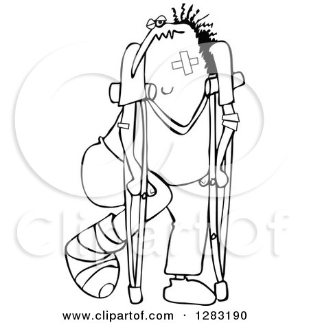 Clipart of a Black and White Banged up Man with Bandages, Crutches, a Black Eye and Cast - Royalty Free Vector Illustration by djart
