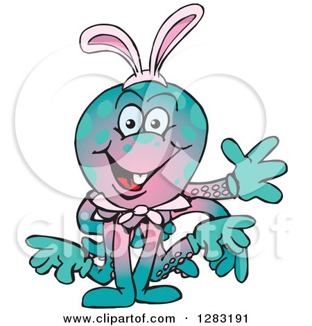 Clipart of a Friendly Waving Octopus Wearing Easter Bunny Ears - Royalty Free Vector Illustration by Dennis Holmes Designs