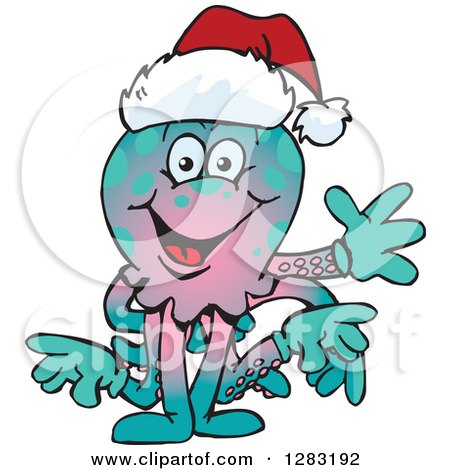 Clipart of a Friendly Waving Octopus Wearing a Christmas Santa Hat - Royalty Free Vector Illustration by Dennis Holmes Designs