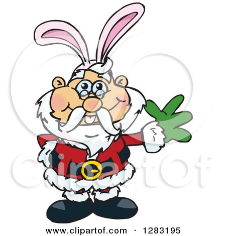 Clipart of a Friendly Waving Santa Wearing Easter Bunny Ears - Royalty Free Vector Illustration by Dennis Holmes Designs