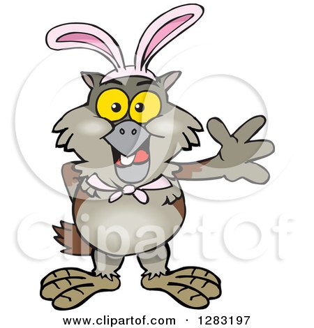 Clipart of a Friendly Waving Owl Wearing Easter Bunny Ears - Royalty Free Vector Illustration by Dennis Holmes Designs