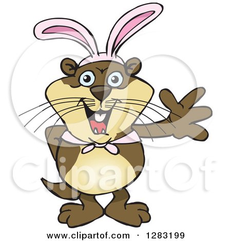 Clipart of a Friendly Waving Otter Wearing Easter Bunny Ears - Royalty Free Vector Illustration by Dennis Holmes Designs