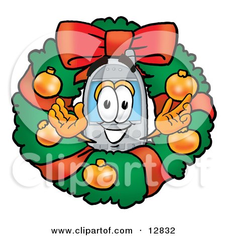 Clipart Picture of a Wireless Cellular Telephone Mascot Cartoon Character in the Center of a Christmas Wreath by Mascot Junction