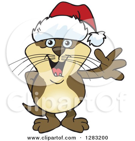 Clipart of a Friendly Waving Otter Wearing a Christmas Santa Hat - Royalty Free Vector Illustration by Dennis Holmes Designs
