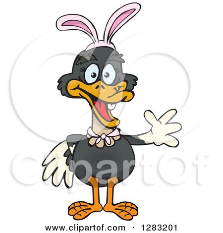 Clipart of a Friendly Waving Ostrich Wearing Easter Bunny Ears - Royalty Free Vector Illustration by Dennis Holmes Designs
