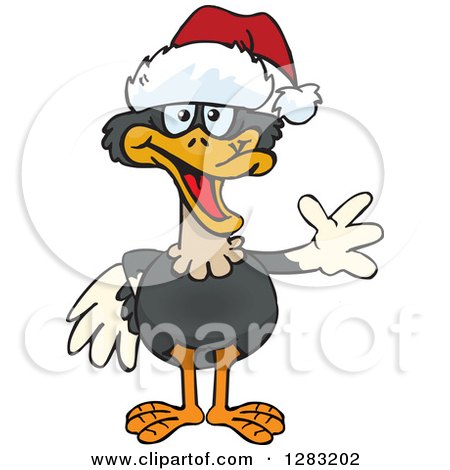 Clipart of a Friendly Waving Ostrich Wearing a Christmas Santa Hat - Royalty Free Vector Illustration by Dennis Holmes Designs