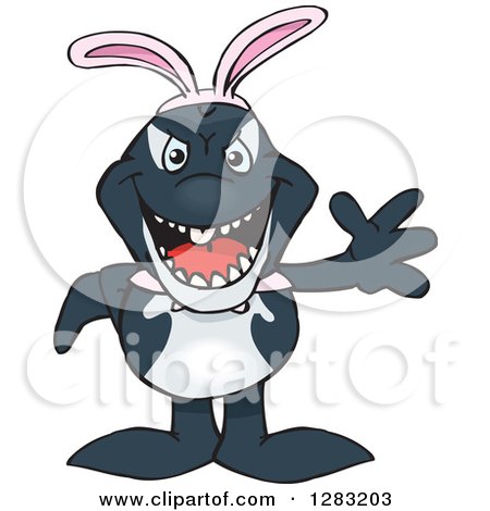 Clipart of a Friendly Waving Orca Killer Whale Wearing Easter Bunny Ears - Royalty Free Vector Illustration by Dennis Holmes Designs