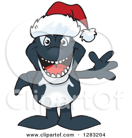 Clipart of a Friendly Waving Orca Wearing a Christmas Santa Hat - Royalty Free Vector Illustration by Dennis Holmes Designs