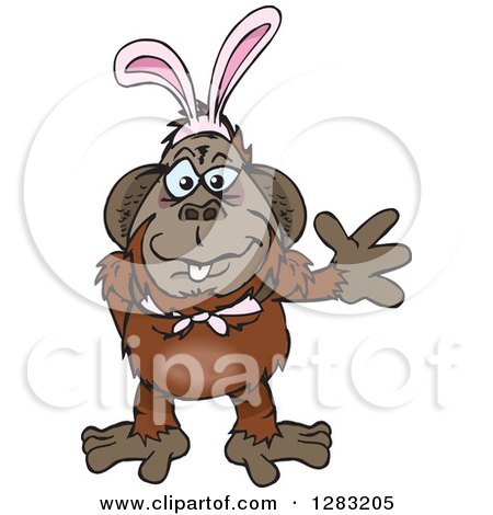 Clipart of a Friendly Waving Orangutan Monkey Wearing Easter Bunny Ears - Royalty Free Vector Illustration by Dennis Holmes Designs