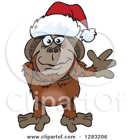 Clipart of a Friendly Waving Orangutan Wearing a Christmas Santa Hat - Royalty Free Vector Illustration by Dennis Holmes Designs