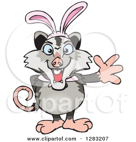 Clipart of a Friendly Waving Opossum Wearing Easter Bunny Ears - Royalty Free Vector Illustration by Dennis Holmes Designs