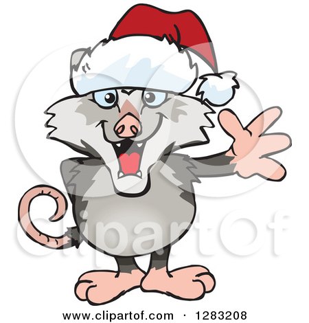 Clipart of a Friendly Waving Opossum Wearing a Christmas Santa Hat - Royalty Free Vector Illustration by Dennis Holmes Designs