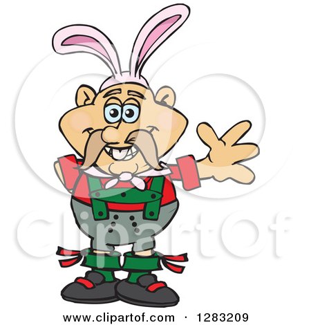 Clipart of a Friendly Waving German Oktoberfest Man Wearing Easter Bunny Ears - Royalty Free Vector Illustration by Dennis Holmes Designs