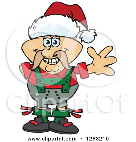 Clipart of a Friendly Waving German Oktoberfest Man Wearing a Christmas Santa Hat - Royalty Free Vector Illustration by Dennis Holmes Designs
