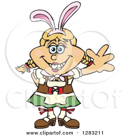 Clipart of a Friendly Waving German Oktoberfest Woman Wearing Easter Bunny Ears - Royalty Free Vector Illustration by Dennis Holmes Designs