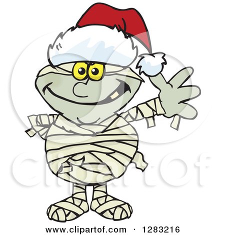 Clipart of a Friendly Waving Mummy Wearing a Christmas Santa Hat - Royalty Free Vector Illustration by Dennis Holmes Designs