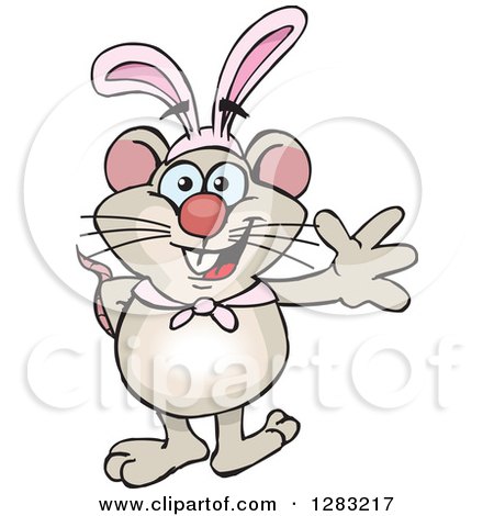 Clipart of a Friendly Waving Mouse Wearing Easter Bunny Ears - Royalty Free Vector Illustration by Dennis Holmes Designs