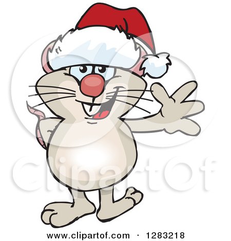 Clipart of a Friendly Waving Mouse Wearing a Christmas Santa Hat - Royalty Free Vector Illustration by Dennis Holmes Designs