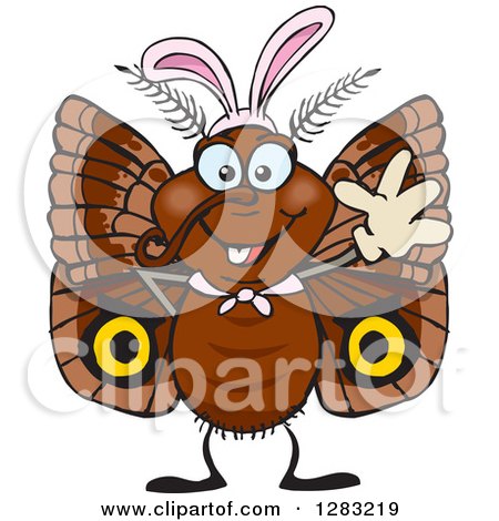 Clipart of a Friendly Waving Moth Wearing Easter Bunny Ears - Royalty Free Vector Illustration by Dennis Holmes Designs