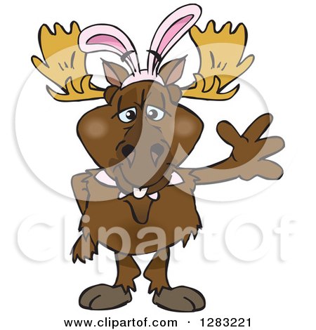 Clipart of a Friendly Waving Moose Wearing Easter Bunny Ears - Royalty Free Vector Illustration by Dennis Holmes Designs