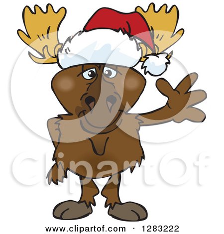 Clipart of a Friendly Waving Moose Wearing a Christmas Santa Hat - Royalty Free Vector Illustration by Dennis Holmes Designs