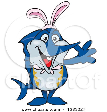 Clipart of a Friendly Waving Marlin Fish Wearing Easter Bunny Ears - Royalty Free Vector Illustration by Dennis Holmes Designs