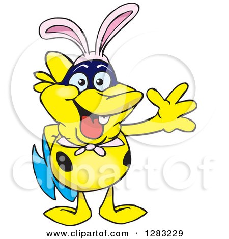 Clipart of a Friendly Waving Yellow Marine Fish Wearing Easter Bunny Ears - Royalty Free Vector Illustration by Dennis Holmes Designs