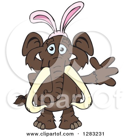 Clipart of a Friendly Waving Mammoth Wearing Easter Bunny Ears - Royalty Free Vector Illustration by Dennis Holmes Designs