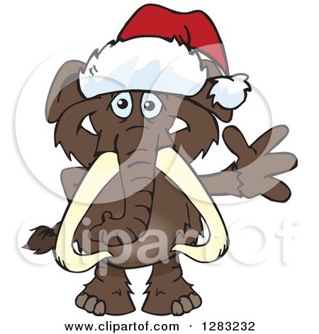 Clipart of a Friendly Waving Mammoth Wearing a Christmas Santa Hat - Royalty Free Vector Illustration by Dennis Holmes Designs