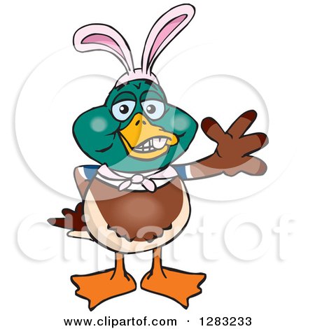 Clipart of a Friendly Waving Mallard Duck Wearing Easter Bunny Ears - Royalty Free Vector Illustration by Dennis Holmes Designs