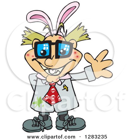 Clipart of a Friendly Waving Pimpled Blond White Male Mad Scientist Wearing Easter Bunny Ears - Royalty Free Vector Illustration by Dennis Holmes Designs