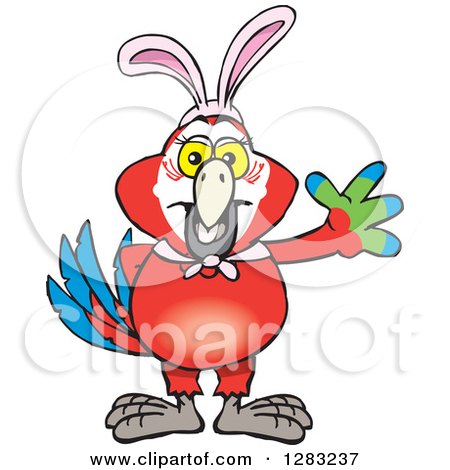 Clipart of a Friendly Waving Scarlet Macaw Bird Wearing Easter Bunny Ears - Royalty Free Vector Illustration by Dennis Holmes Designs
