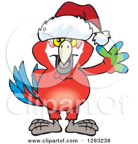 Clipart of a Friendly Waving Scarlet Macaw Parrot Wearing a Christmas Santa Hat - Royalty Free Vector Illustration by Dennis Holmes Designs