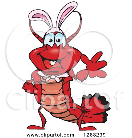 Clipart of a Friendly Waving Lobster Wearing Easter Bunny Ears - Royalty Free Vector Illustration by Dennis Holmes Designs