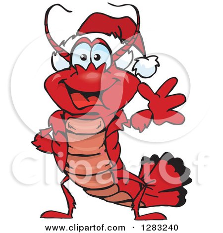 Clipart of a Friendly Waving Lobster Wearing a Christmas Santa Hat - Royalty Free Vector Illustration by Dennis Holmes Designs