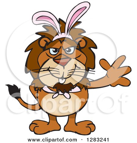 Clipart of a Friendly Waving Male Lion Wearing Easter Bunny Ears - Royalty Free Vector Illustration by Dennis Holmes Designs