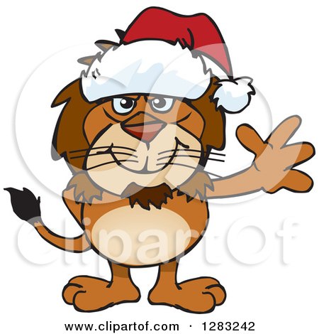 Clipart of a Friendly Waving Male Lion Wearing a Christmas Santa Hat - Royalty Free Vector Illustration by Dennis Holmes Designs