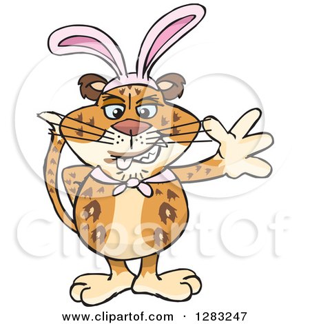 Clipart of a Friendly Waving Leopard Wearing Easter Bunny Ears - Royalty Free Vector Illustration by Dennis Holmes Designs