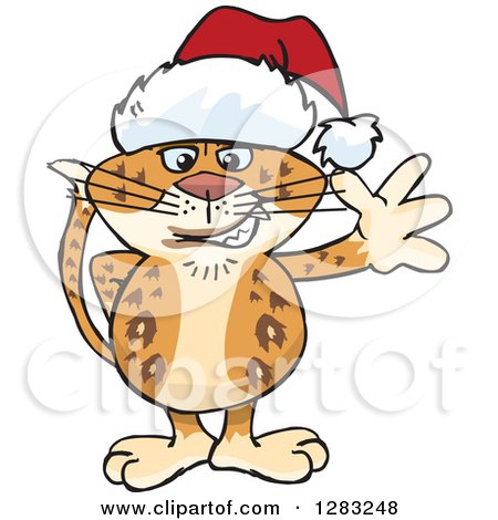 Clipart of a Friendly Waving Leopard Wearing a Christmas Santa Hat - Royalty Free Vector Illustration by Dennis Holmes Designs
