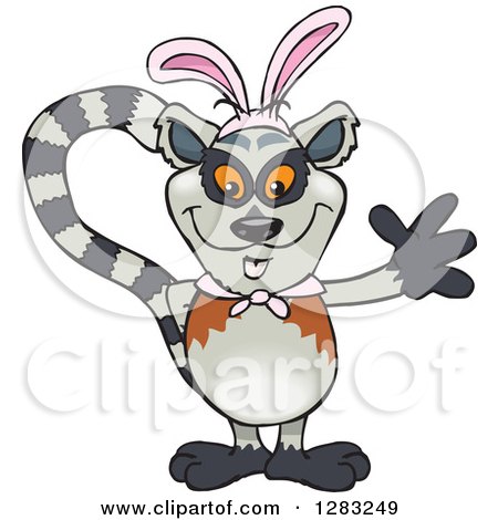 Clipart of a Friendly Waving Lemur Wearing Easter Bunny Ears - Royalty Free Vector Illustration by Dennis Holmes Designs
