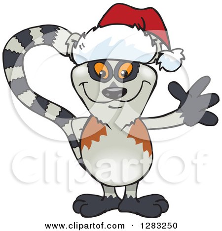 Clipart of a Friendly Waving Lemur Wearing a Christmas Santa Hat - Royalty Free Vector Illustration by Dennis Holmes Designs