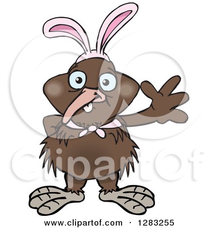 Clipart of a Friendly Waving Kiwi Bird Wearing Easter Bunny Ears - Royalty Free Vector Illustration by Dennis Holmes Designs