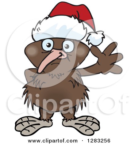 Clipart of a Friendly Waving Kiwi Bird Wearing a Christmas Santa Hat - Royalty Free Vector Illustration by Dennis Holmes Designs
