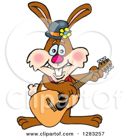 Clipart of a Happy Brown Easter Bunny Rabbit Playing an Acoustic Guitar - Royalty Free Vector Illustration by Dennis Holmes Designs