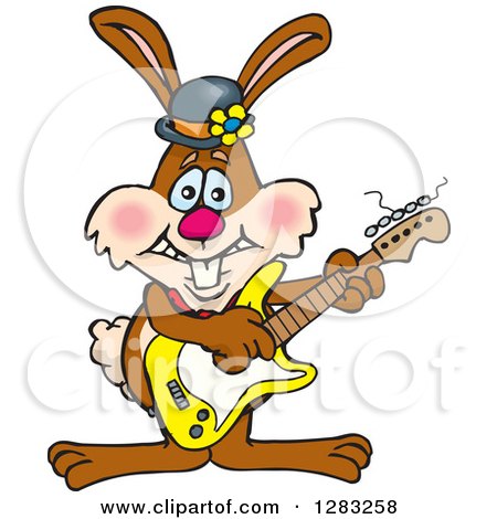 Clipart of a Happy Brown Easter Bunny Rabbit Playing an Electric Guitar - Royalty Free Vector Illustration by Dennis Holmes Designs
